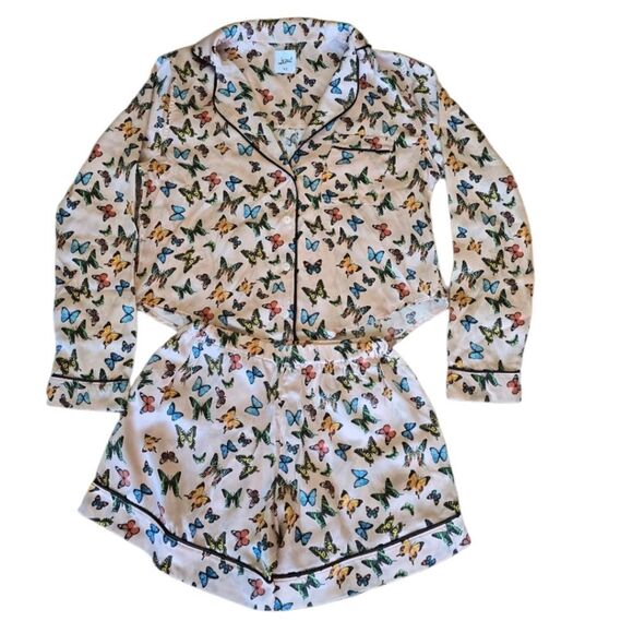 LEZAT Butterfly Pjs Set Size XS 100% Silk Pink Blue - Picture 2 of 14